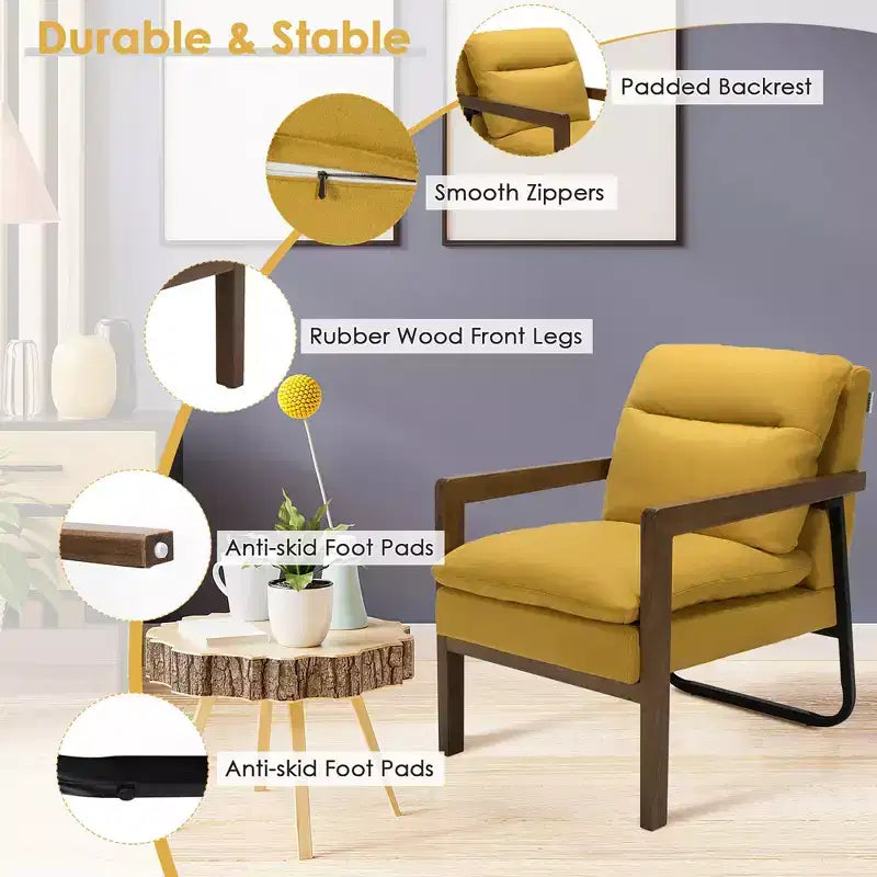 Fauteuil d'appoint moderne Costway avec pieds en bois d'hévéa et support en acier