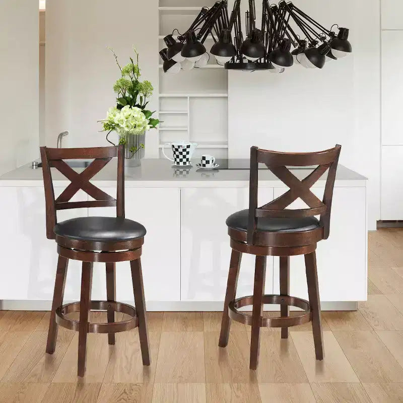 Costway Lot de 2 tabourets de bar pivotants en bois de 61 cm de hauteur avec dossier, chaises de salle à manger, dossier croisé pour cuisine à domicile