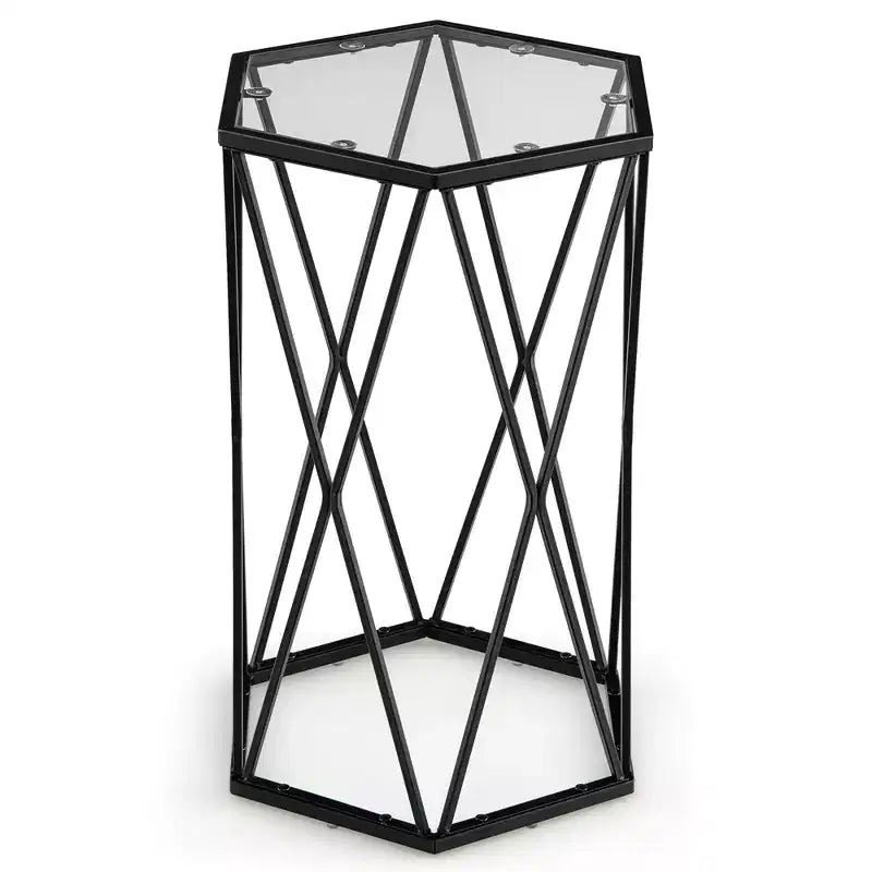 Table d'appoint Costway avec plateau en verre trempé, cadre en métal, table d'appoint hexagonale pour le salon