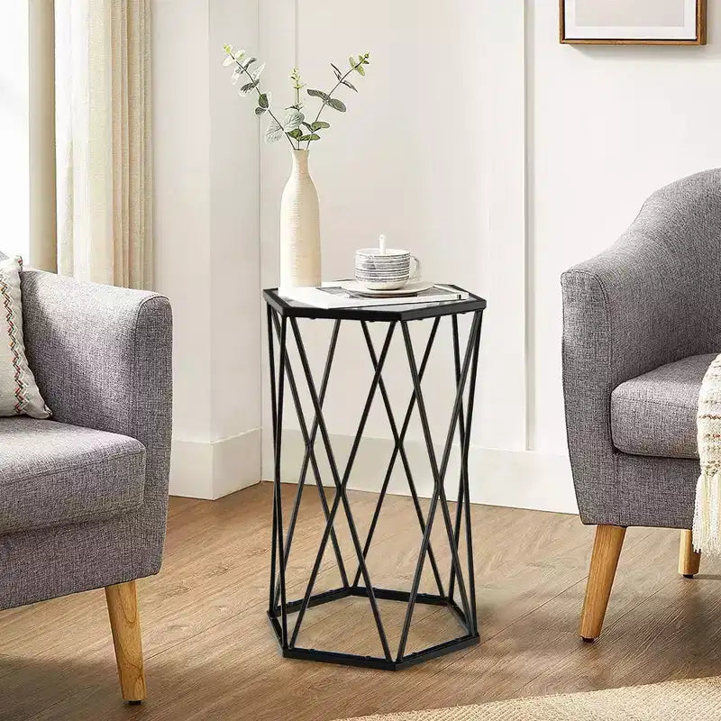Table d'appoint Costway avec plateau en verre trempé, cadre en métal, table d'appoint hexagonale pour le salon