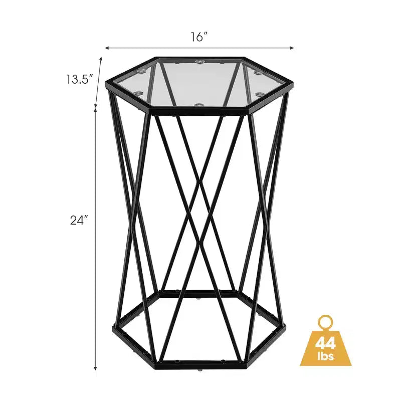 Table d'appoint Costway avec plateau en verre trempé, cadre en métal, table d'appoint hexagonale pour le salon