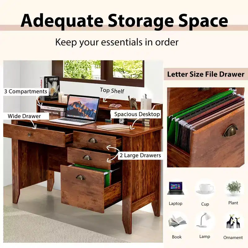Costway Bureau d'ordinateur PC Portable Table d'écriture Poste de Travail Étudiant Meuble d'étude Rustique