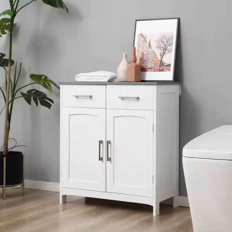 kleankin Meuble de Salle de Bain sur Pied, Colonne de Rangement, Armoire de Rangement avec 2 Tiroirs, Doubles Portes, Étagère Réglable, Blanc