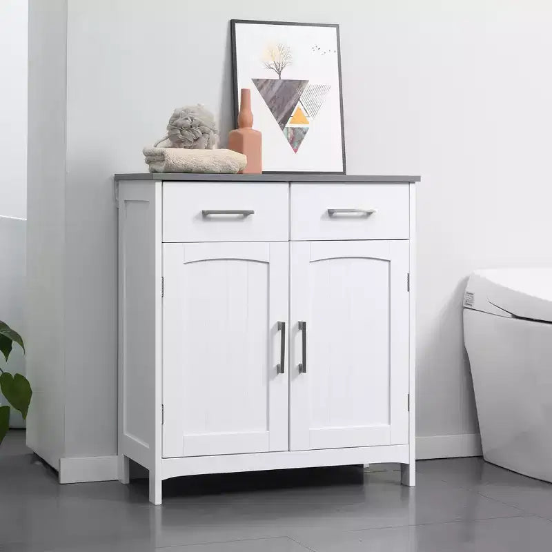 kleankin Meuble de Salle de Bain sur Pied, Colonne de Rangement, Armoire de Rangement avec 2 Tiroirs, Doubles Portes, Étagère Réglable, Blanc