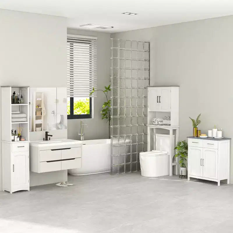 kleankin Meuble de Salle de Bain sur Pied, Colonne de Rangement, Armoire de Rangement avec 2 Tiroirs, Doubles Portes, Étagère Réglable, Blanc