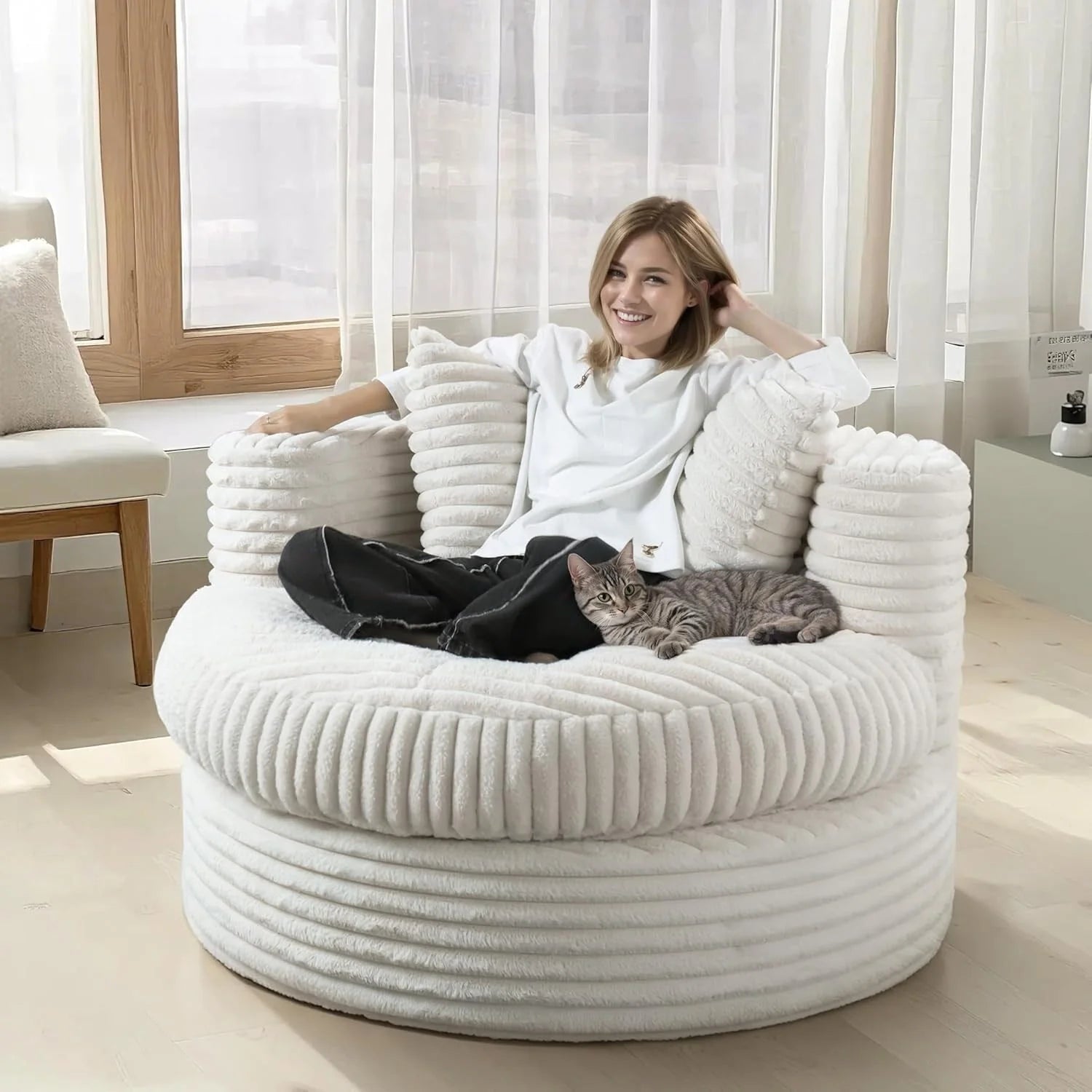 WOWMAX 47 Chaise Longue Ronde d'Intérieur, Canapé de Sol en Velours Côtelé Rembourré Fauteuil Convertible Surdimensionné avec 2 Coussins Décoratifs