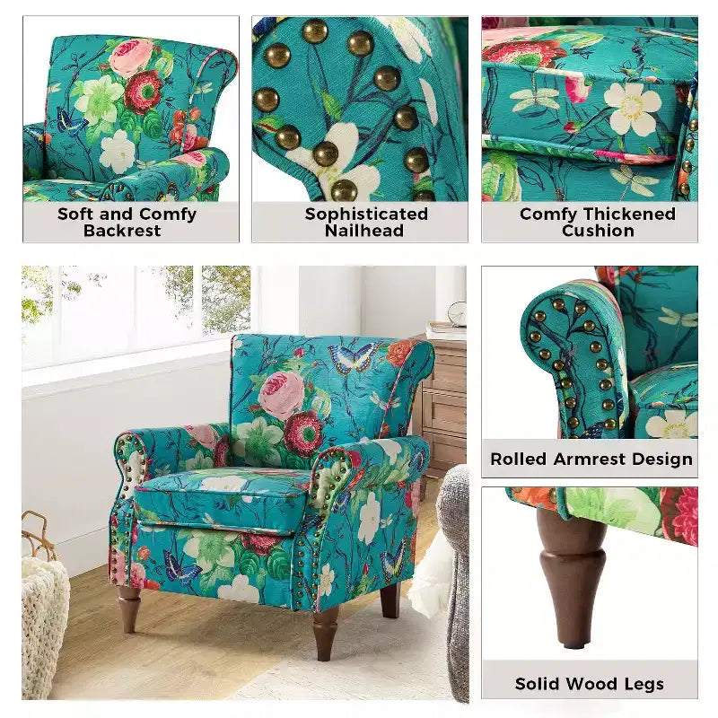 Lot de 2 fauteuils traditionnels en bois rembourrés à motif floral Araceli avec dossier à oreilles et clous décoratifs | ART OF LIVING DESIGNS