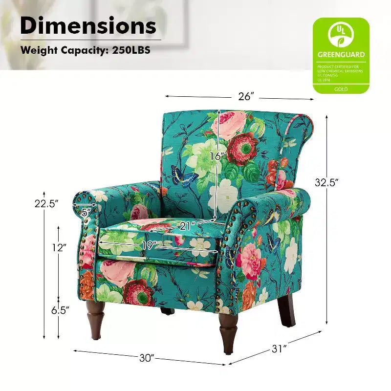 Lot de 2 fauteuils traditionnels en bois rembourrés à motif floral Araceli avec dossier à oreilles et clous décoratifs | ART OF LIVING DESIGNS