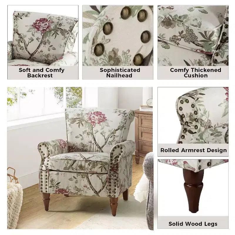Lot de 2 fauteuils traditionnels en bois rembourrés à motif floral Araceli avec dossier à oreilles et clous décoratifs | ART OF LIVING DESIGNS