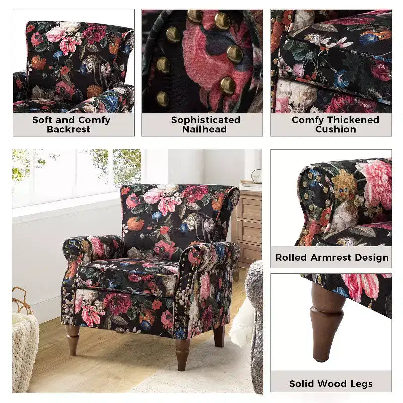 Lot de 2 fauteuils traditionnels en bois rembourrés à motif floral Araceli avec dossier à oreilles et clous décoratifs | ART OF LIVING DESIGNS