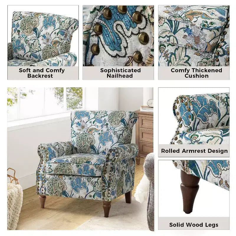 Lot de 2 fauteuils traditionnels en bois rembourrés à motif floral Araceli avec dossier à oreilles et clous décoratifs | ART OF LIVING DESIGNS