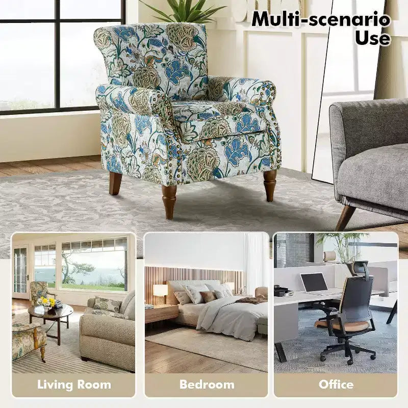 Lot de 2 fauteuils traditionnels en bois rembourrés à motif floral Araceli avec dossier à oreilles et clous décoratifs | ART OF LIVING DESIGNS