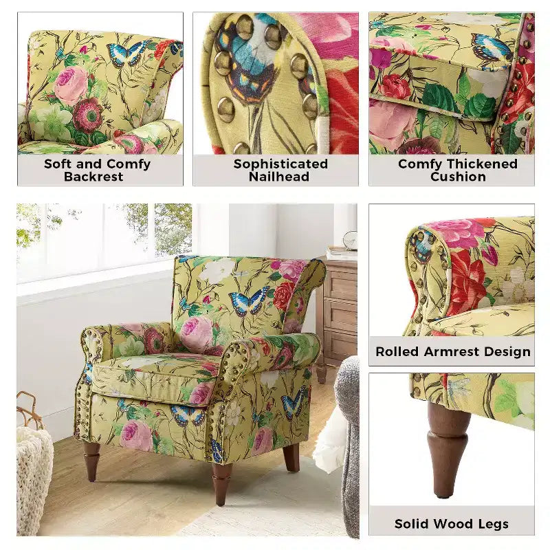 Lot de 2 fauteuils traditionnels en bois rembourrés à motif floral Araceli avec dossier à oreilles et clous décoratifs | ART OF LIVING DESIGNS