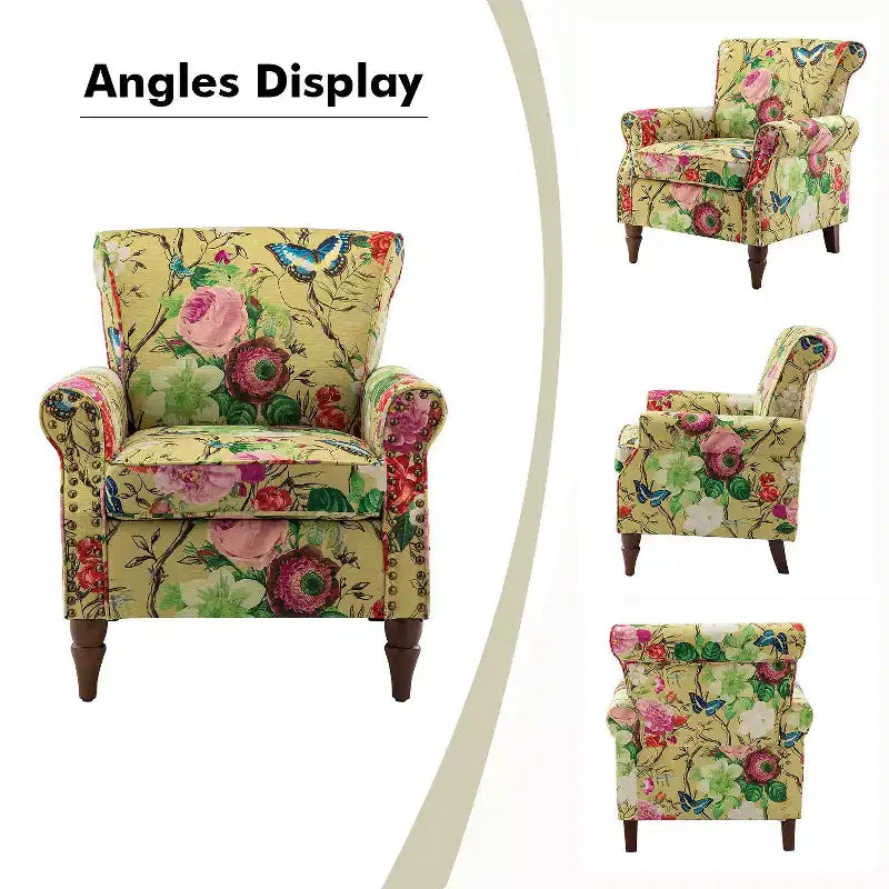 Lot de 2 fauteuils traditionnels en bois rembourrés à motif floral Araceli avec dossier à oreilles et clous décoratifs | ART OF LIVING DESIGNS