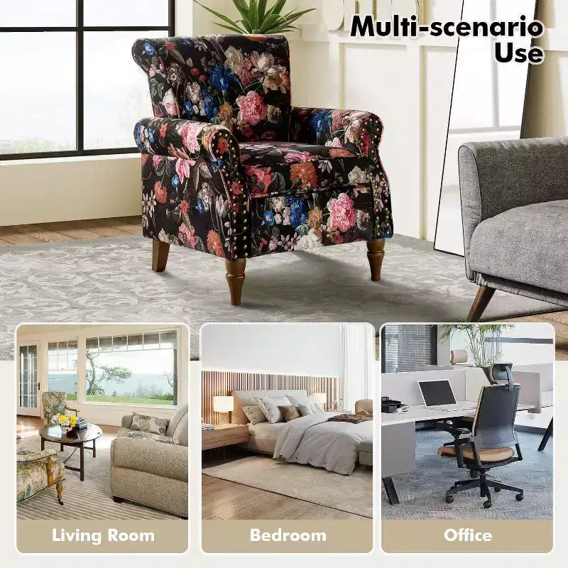 Lot de 2 fauteuils traditionnels en bois rembourrés à motif floral Araceli avec dossier à oreilles et clous décoratifs | ART OF LIVING DESIGNS