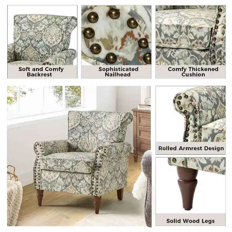 Lot de 2 fauteuils traditionnels en bois rembourrés à motif floral Araceli avec dossier à oreilles et clous décoratifs | ART OF LIVING DESIGNS