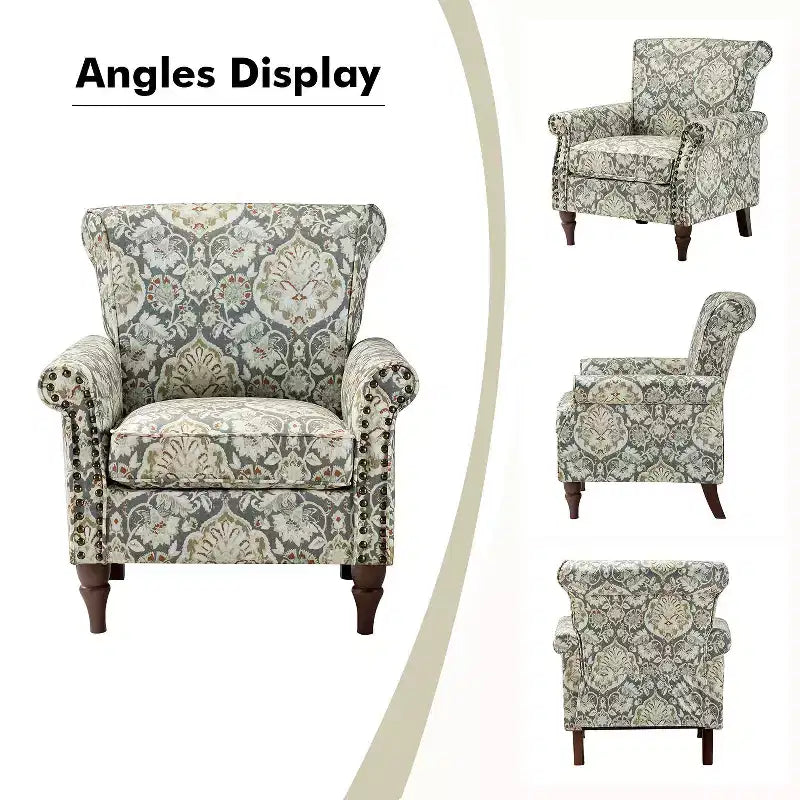 Lot de 2 fauteuils traditionnels en bois rembourrés à motif floral Araceli avec dossier à oreilles et clous décoratifs | ART OF LIVING DESIGNS
