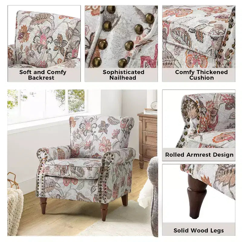 Lot de 2 fauteuils traditionnels en bois rembourrés à motif floral Araceli avec dossier à oreilles et clous décoratifs | ART OF LIVING DESIGNS