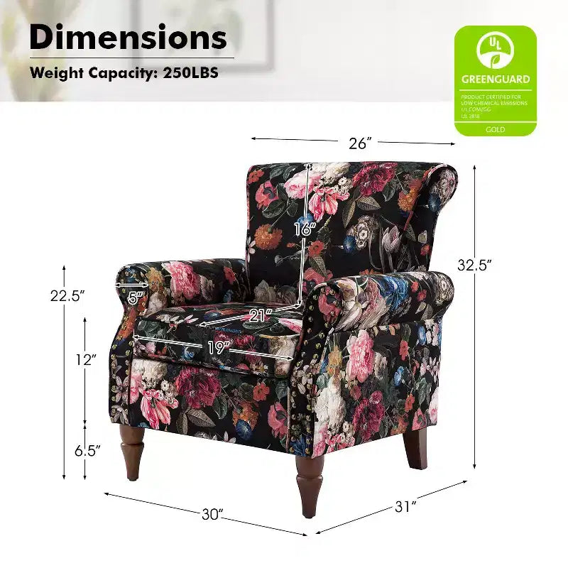 Lot de 2 fauteuils traditionnels en bois rembourrés à motif floral Araceli avec dossier à oreilles et clous décoratifs | ART OF LIVING DESIGNS