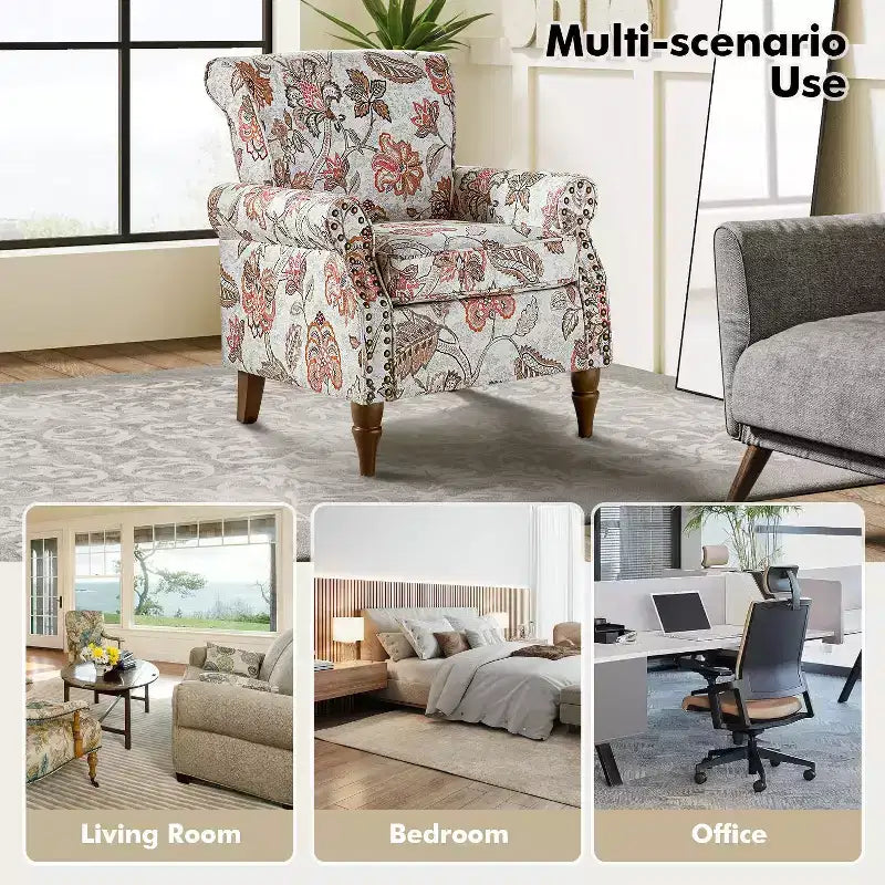 Lot de 2 fauteuils traditionnels en bois rembourrés à motif floral Araceli avec dossier à oreilles et clous décoratifs | ART OF LIVING DESIGNS