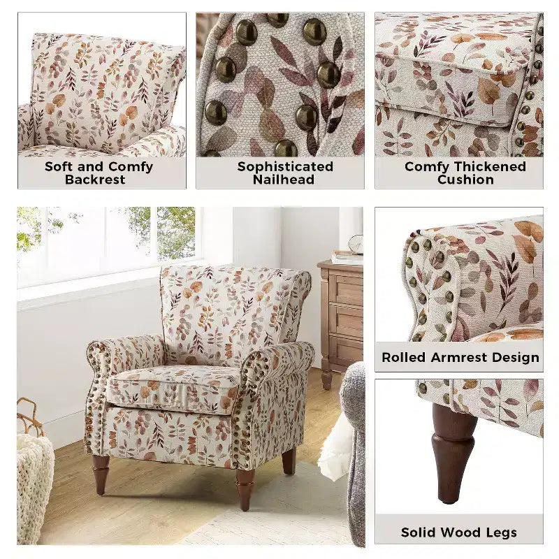 Lot de 2 fauteuils traditionnels en bois rembourrés à motif floral Araceli avec dossier à oreilles et clous décoratifs | ART OF LIVING DESIGNS