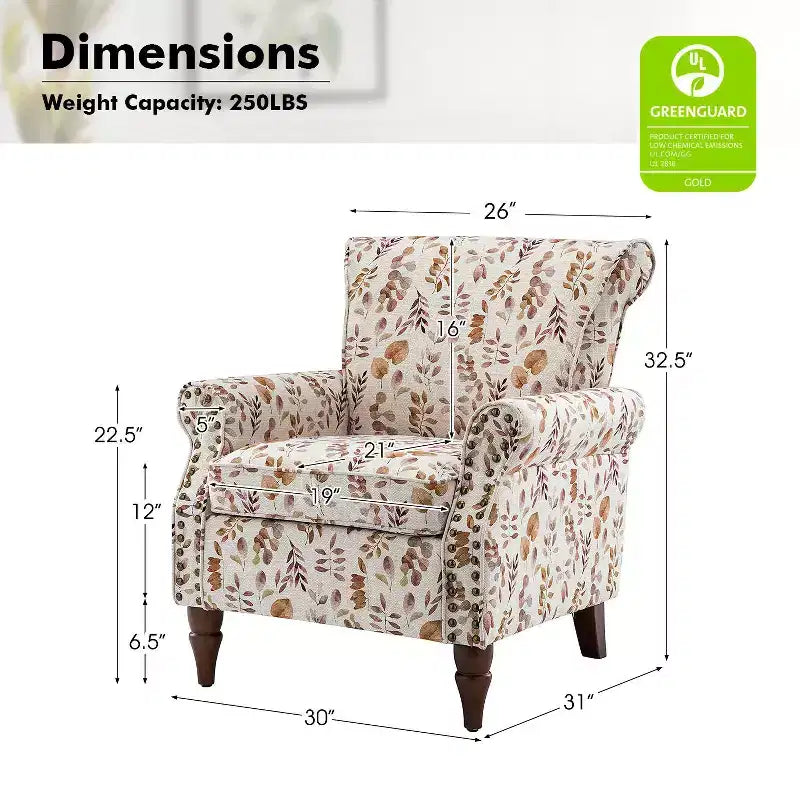 Lot de 2 fauteuils traditionnels en bois rembourrés à motif floral Araceli avec dossier à oreilles et clous décoratifs | ART OF LIVING DESIGNS