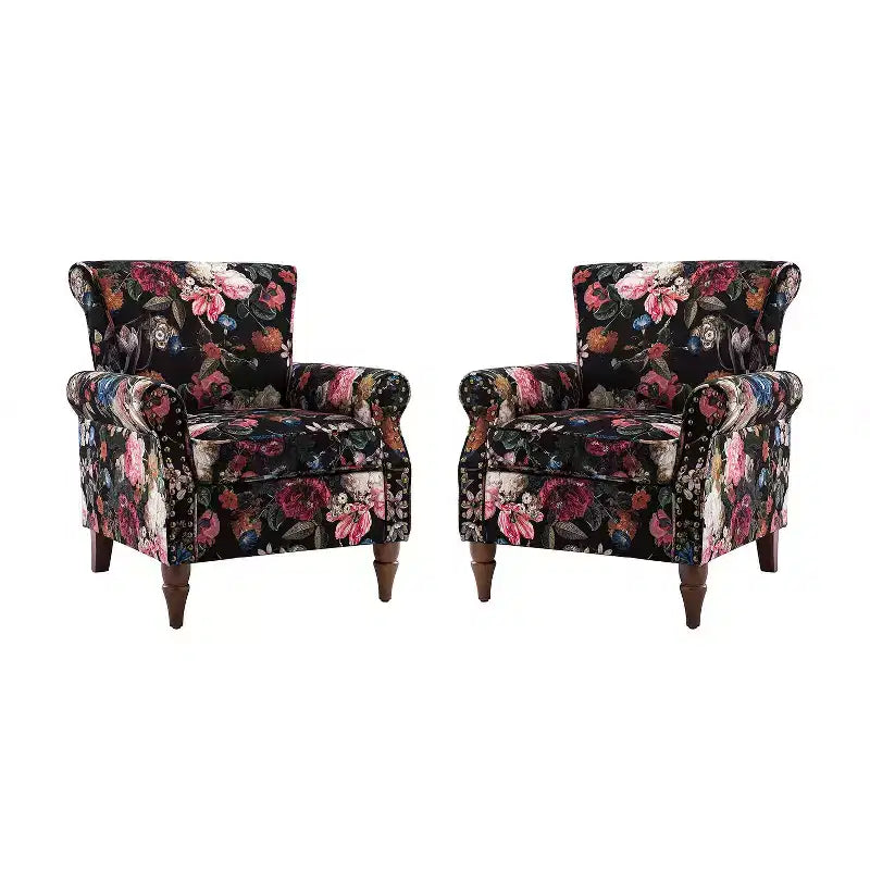 Lot de 2 fauteuils traditionnels en bois rembourrés à motif floral Araceli avec dossier à oreilles et clous décoratifs | ART OF LIVING DESIGNS
