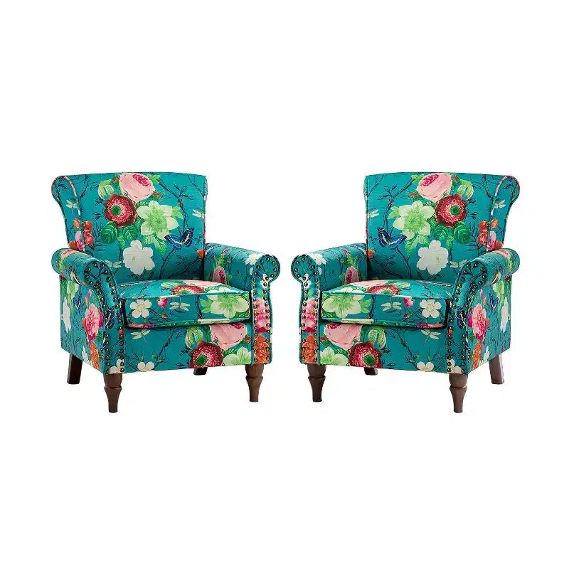 Lot de 2 fauteuils traditionnels en bois rembourrés à motif floral Araceli avec dossier à oreilles et clous décoratifs | ART OF LIVING DESIGNS