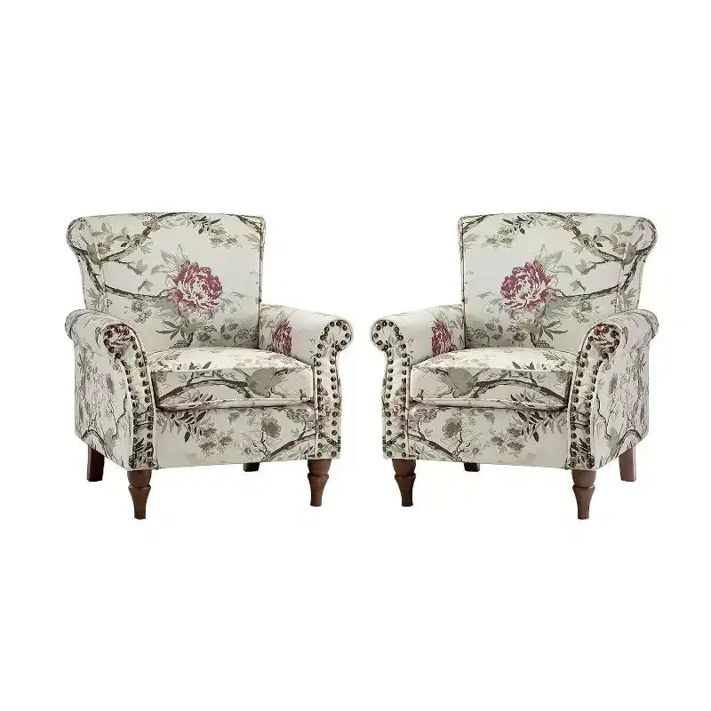 Lot de 2 fauteuils traditionnels en bois rembourrés à motif floral Araceli avec dossier à oreilles et clous décoratifs | ART OF LIVING DESIGNS