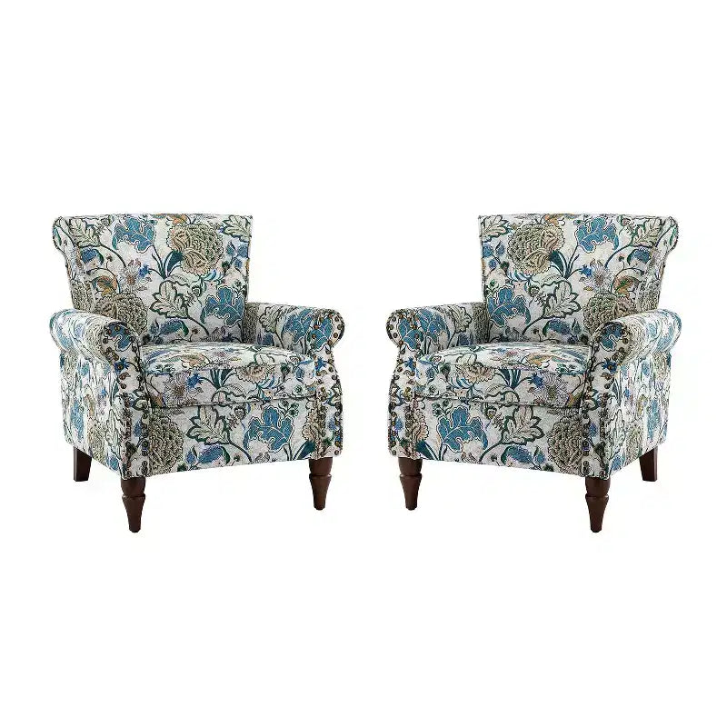 Lot de 2 fauteuils traditionnels en bois rembourrés à motif floral Araceli avec dossier à oreilles et clous décoratifs | ART OF LIVING DESIGNS
