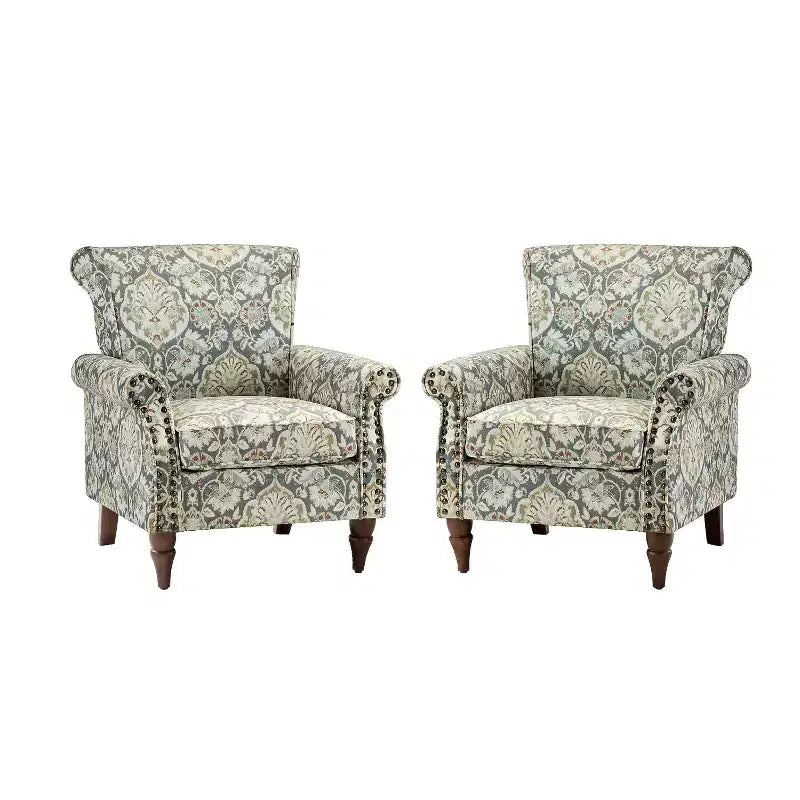 Lot de 2 fauteuils traditionnels en bois rembourrés à motif floral Araceli avec dossier à oreilles et clous décoratifs | ART OF LIVING DESIGNS
