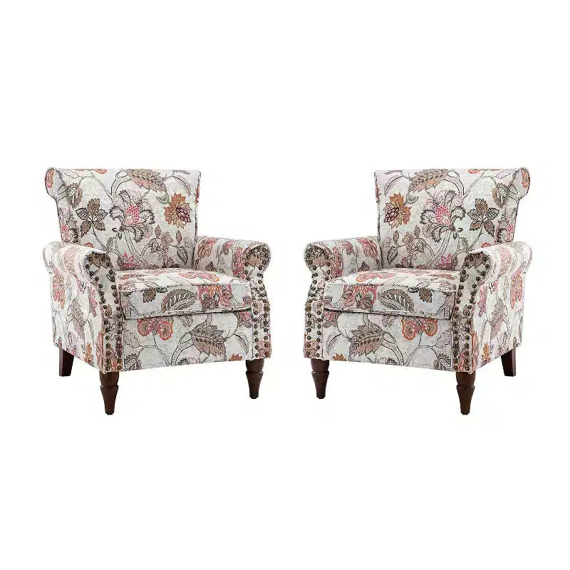 Lot de 2 fauteuils traditionnels en bois rembourrés à motif floral Araceli avec dossier à oreilles et clous décoratifs | ART OF LIVING DESIGNS