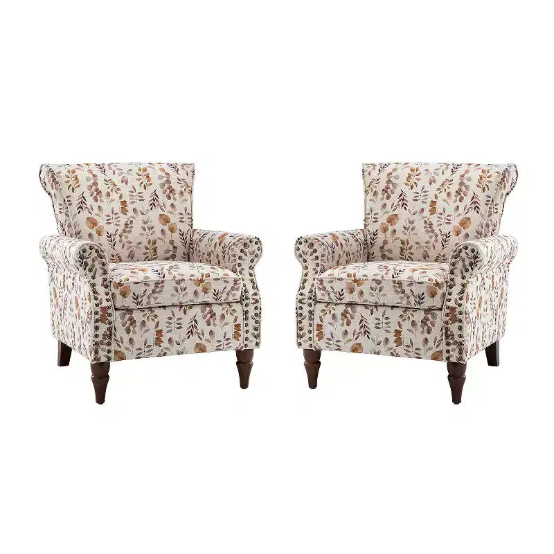 Set of 2 Araceli Traditional Wooden Upholstered Floral Armchair with Wingback and Nailhead Trim| ART OF LIVING DESIGNS