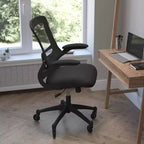 Chaise de bureau ergonomique pivotante Kelista de Flash Furniture à dossier mi-hauteur avec accoudoirs relevables et roulettes transparentes