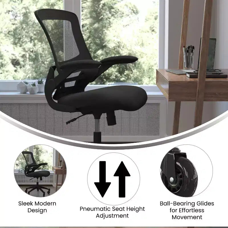 Chaise de bureau ergonomique pivotante Kelista de Flash Furniture à dossier mi-hauteur avec accoudoirs relevables et roulettes transparentes