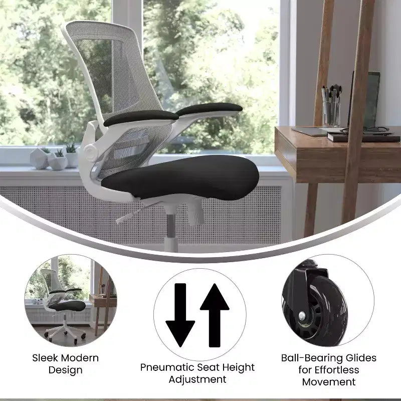 Chaise de bureau ergonomique pivotante Kelista de Flash Furniture à dossier mi-hauteur avec accoudoirs relevables et roulettes transparentes