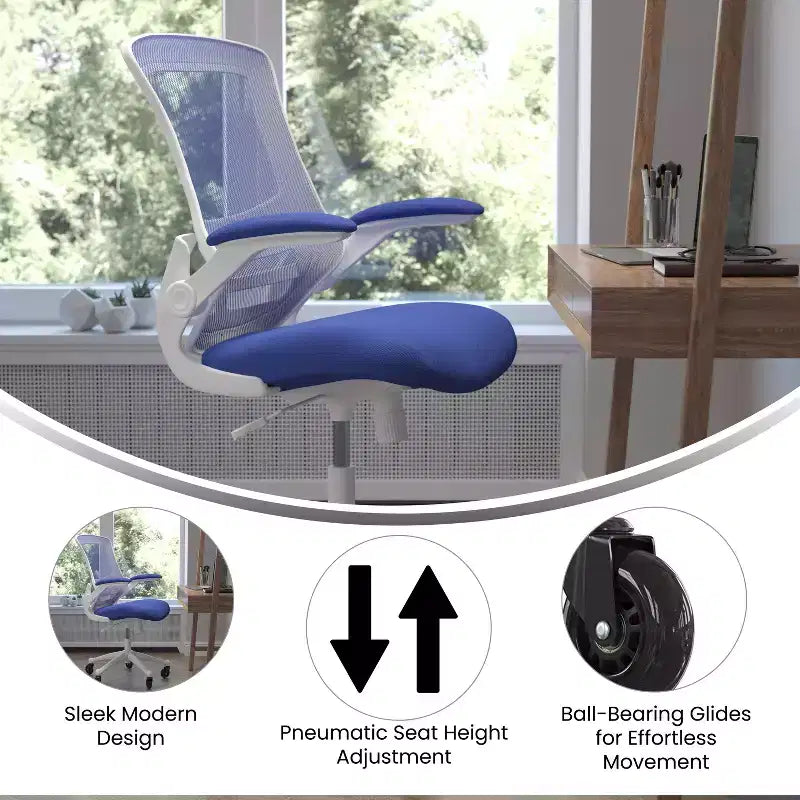 Chaise de bureau ergonomique pivotante Kelista de Flash Furniture à dossier mi-hauteur avec accoudoirs relevables et roulettes transparentes