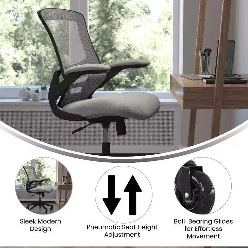 Chaise de bureau ergonomique pivotante Kelista de Flash Furniture à dossier mi-hauteur avec accoudoirs relevables et roulettes transparentes