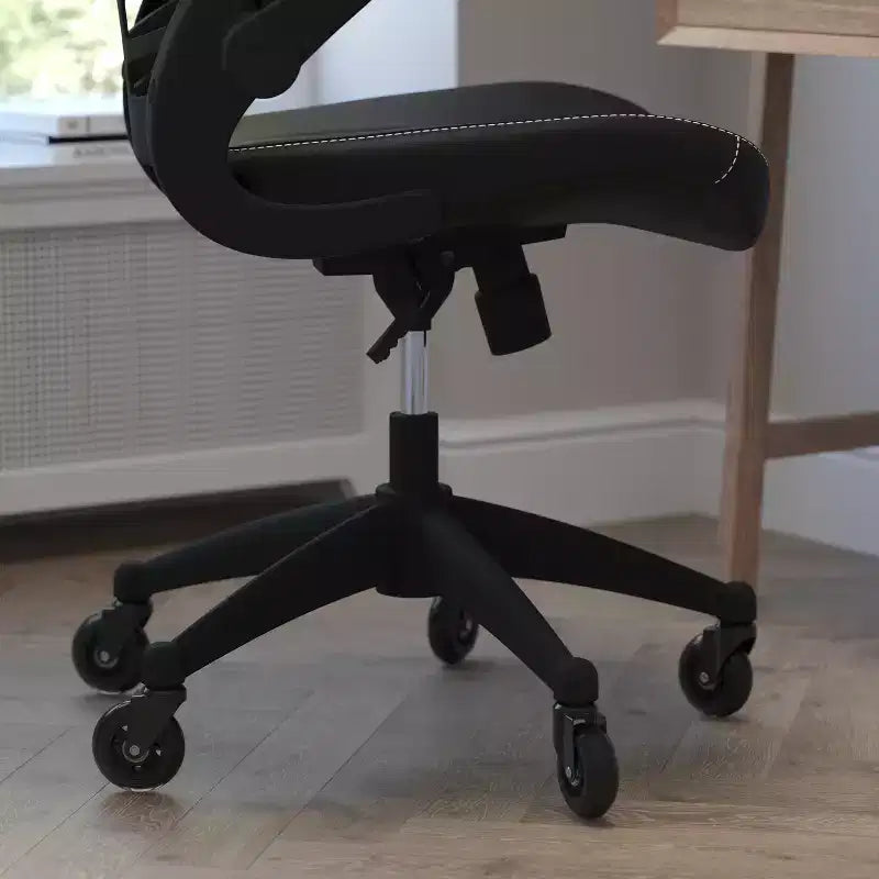 Chaise de bureau ergonomique pivotante Kelista de Flash Furniture à dossier mi-hauteur avec accoudoirs relevables et roulettes transparentes