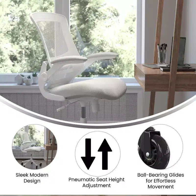 Chaise de bureau ergonomique pivotante Kelista de Flash Furniture à dossier mi-hauteur avec accoudoirs relevables et roulettes transparentes
