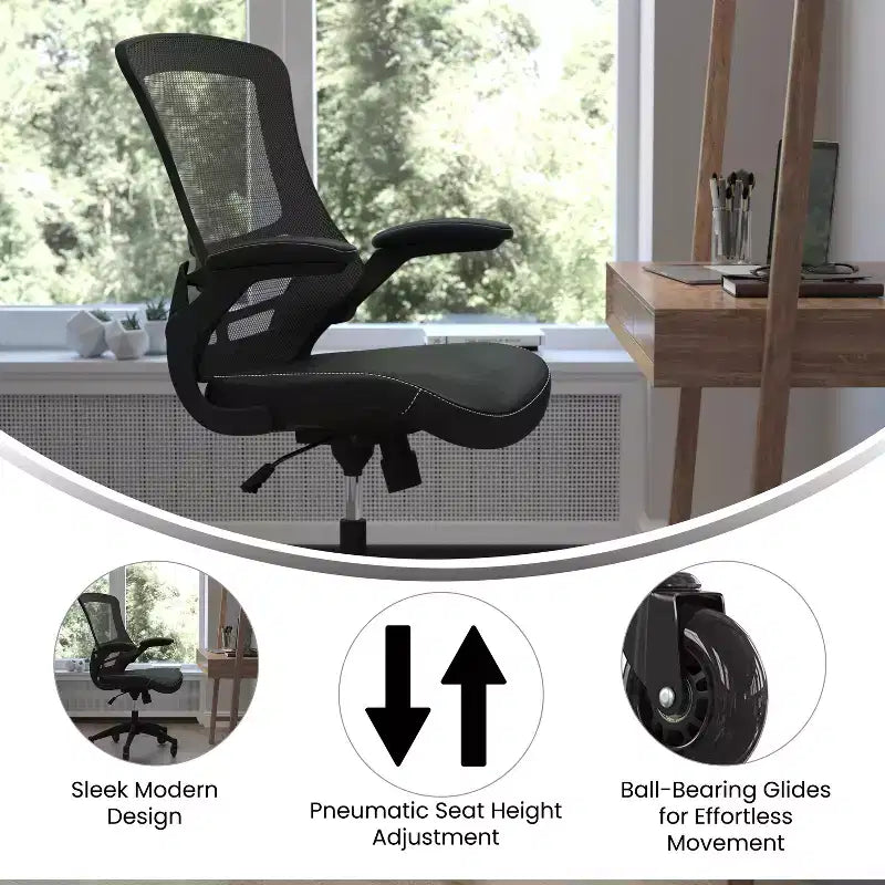 Chaise de bureau ergonomique pivotante Kelista de Flash Furniture à dossier mi-hauteur avec accoudoirs relevables et roulettes transparentes