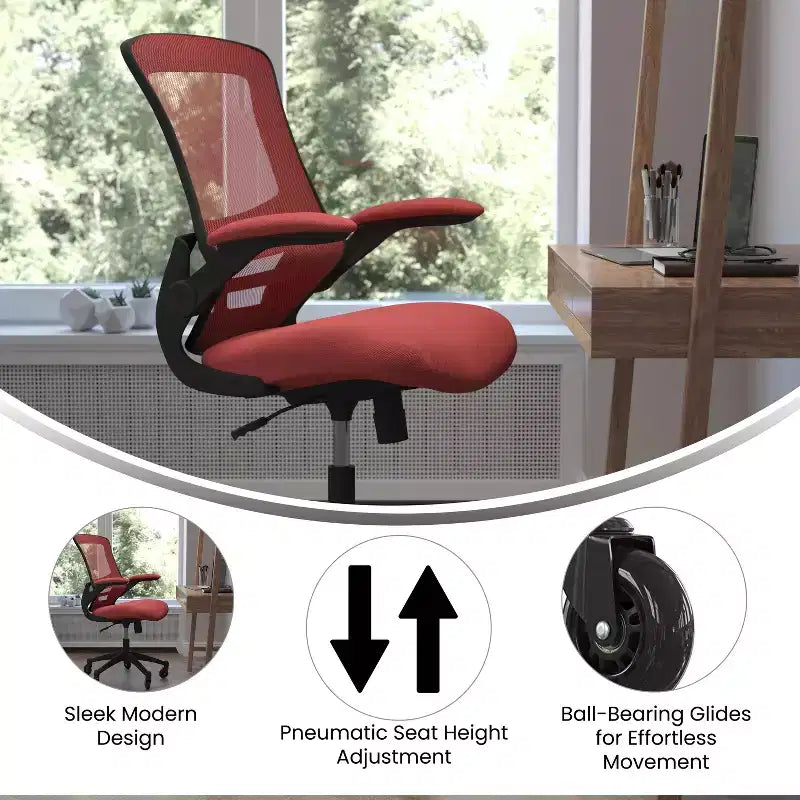 Chaise de bureau ergonomique pivotante Kelista de Flash Furniture à dossier mi-hauteur avec accoudoirs relevables et roulettes transparentes