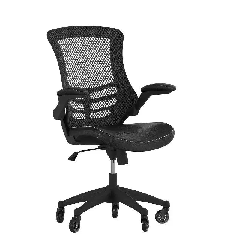 Chaise de bureau ergonomique pivotante Kelista de Flash Furniture à dossier mi-hauteur avec accoudoirs relevables et roulettes transparentes