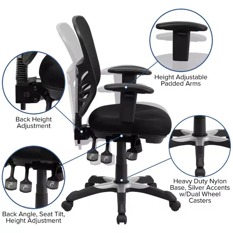 Chaise de bureau ergonomique multifonction Emma and Oliver à dossier mi-haut en maille noire avec accoudoirs réglables