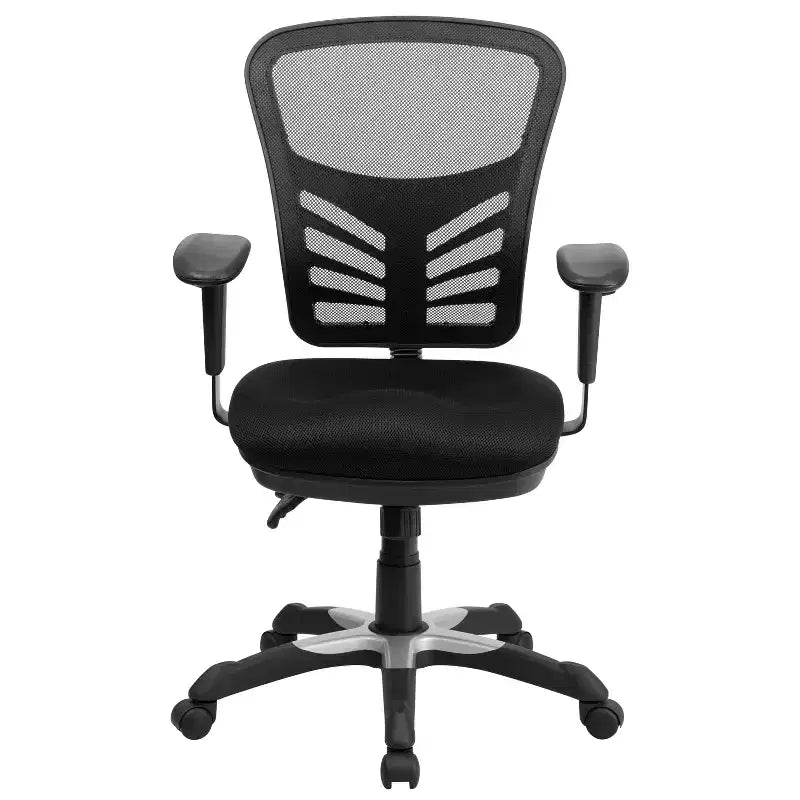 Chaise de bureau ergonomique multifonction Emma and Oliver à dossier mi-haut en maille noire avec accoudoirs réglables