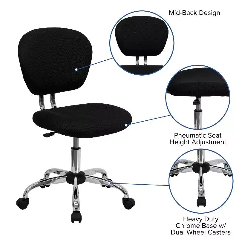 Chaise de bureau pivotante Emma et Oliver avec dossier mi-hauteur en maille et rembourrage, et base chromée