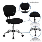 Chaise de bureau pivotante Emma et Oliver avec dossier mi-hauteur en maille et rembourrage, et base chromée