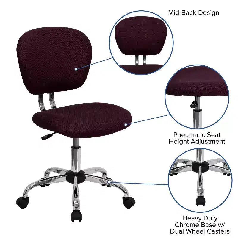 Chaise de bureau pivotante Emma et Oliver avec dossier mi-hauteur en maille et rembourrage, et base chromée