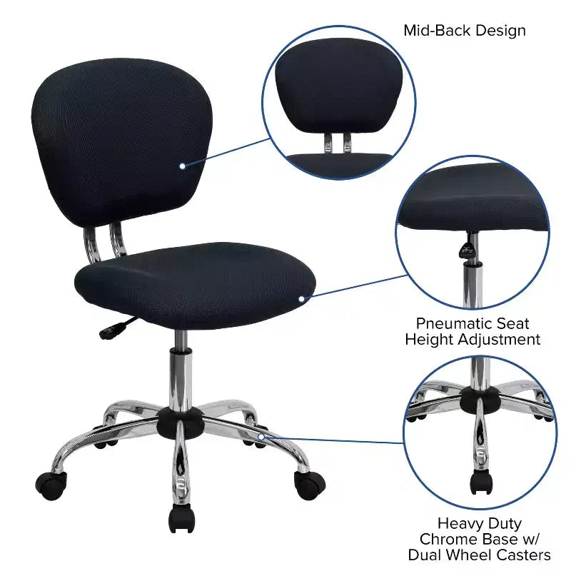 Chaise de bureau pivotante Emma et Oliver avec dossier mi-hauteur en maille et rembourrage, et base chromée