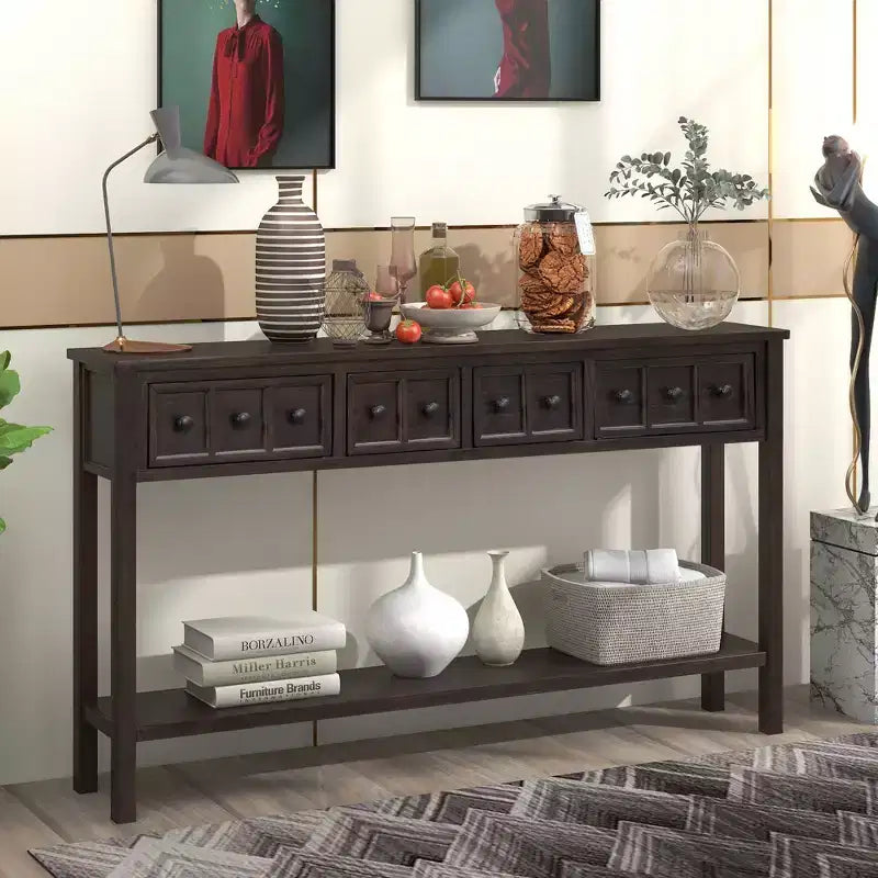 Console rustique de 60 L avec deux tiroirs de tailles différentes et étagère inférieure - ModernLuxe